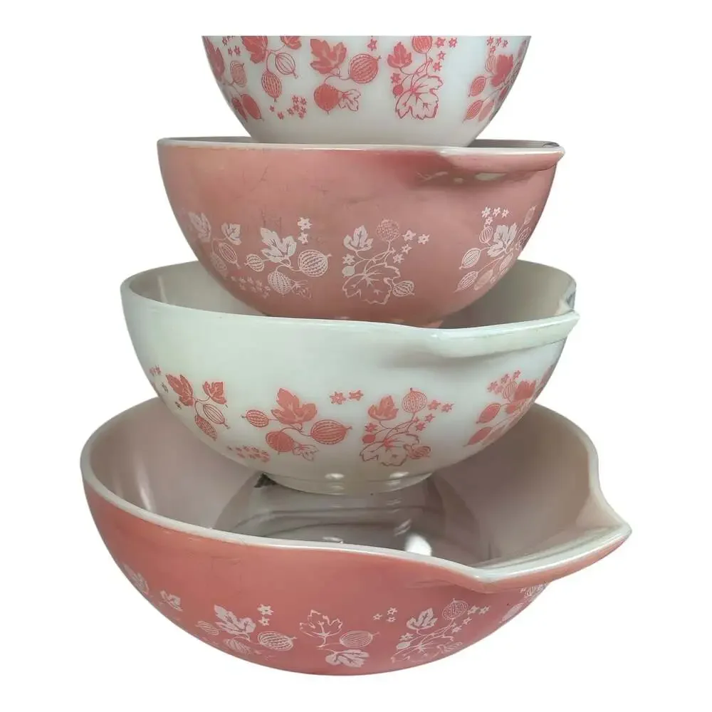 Vtg Set 4 PYREX Gooseberry Cinderella Nesting Mixing Bowls Pink 441 442 443 444